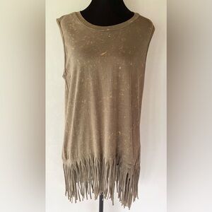 BIBI Khaki Splatter Dye Sleeveless Fringe Hem T-Shirt Sz L Boho Hippie Festival